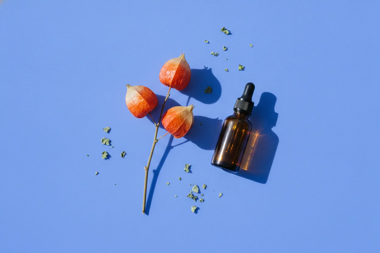 Ashwagandha sprig with three orange-red husked berries beside an amber dropper bottle on a bright periwinkle-blue surface under hard flash