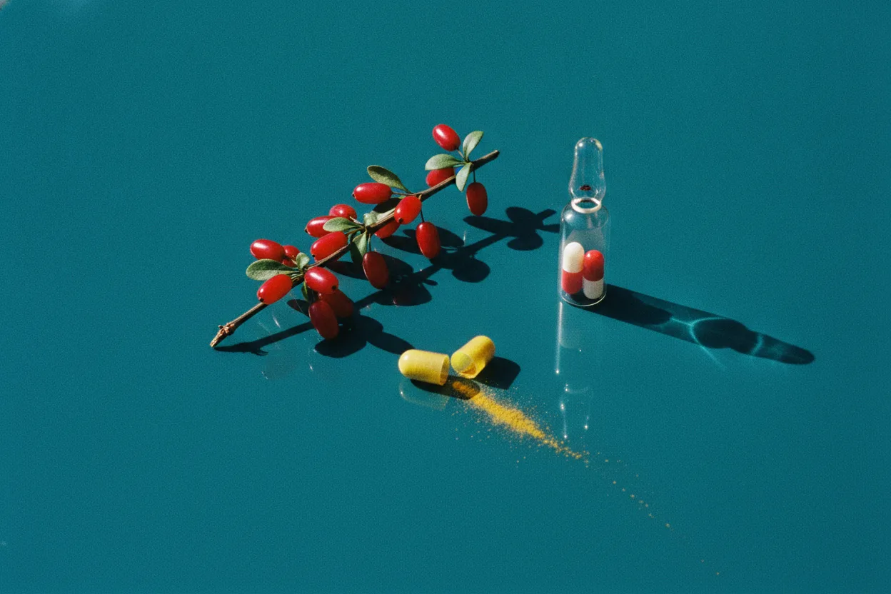 Barberry branch with ruby berries and an open yellow capsule spilling powder beside a glass ampoule of capsules on teal surface