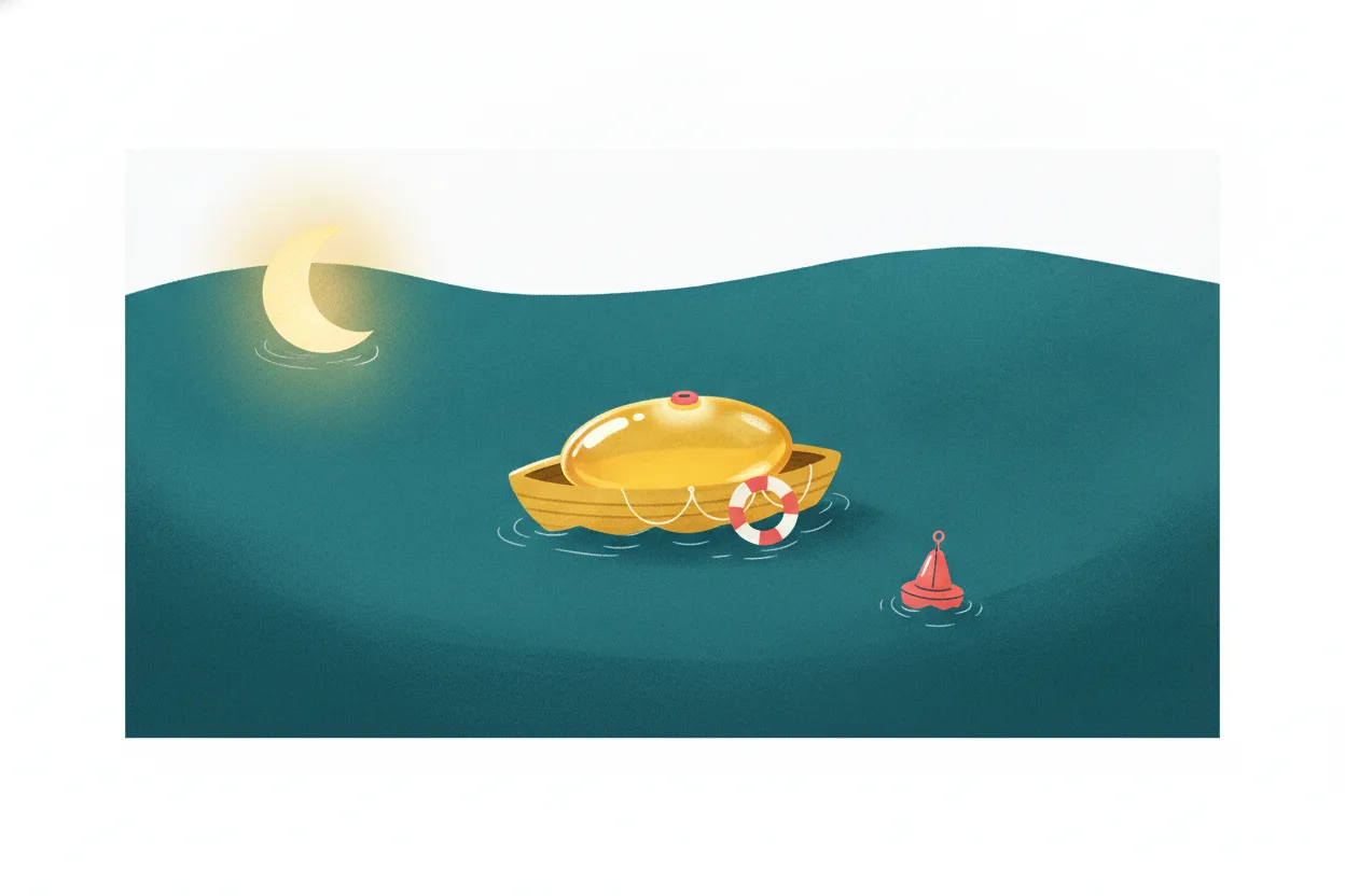 Illustration of a golden softgel floating as a lifeboat on a teal sea, surrounded by a red buoy, life ring and lantern
