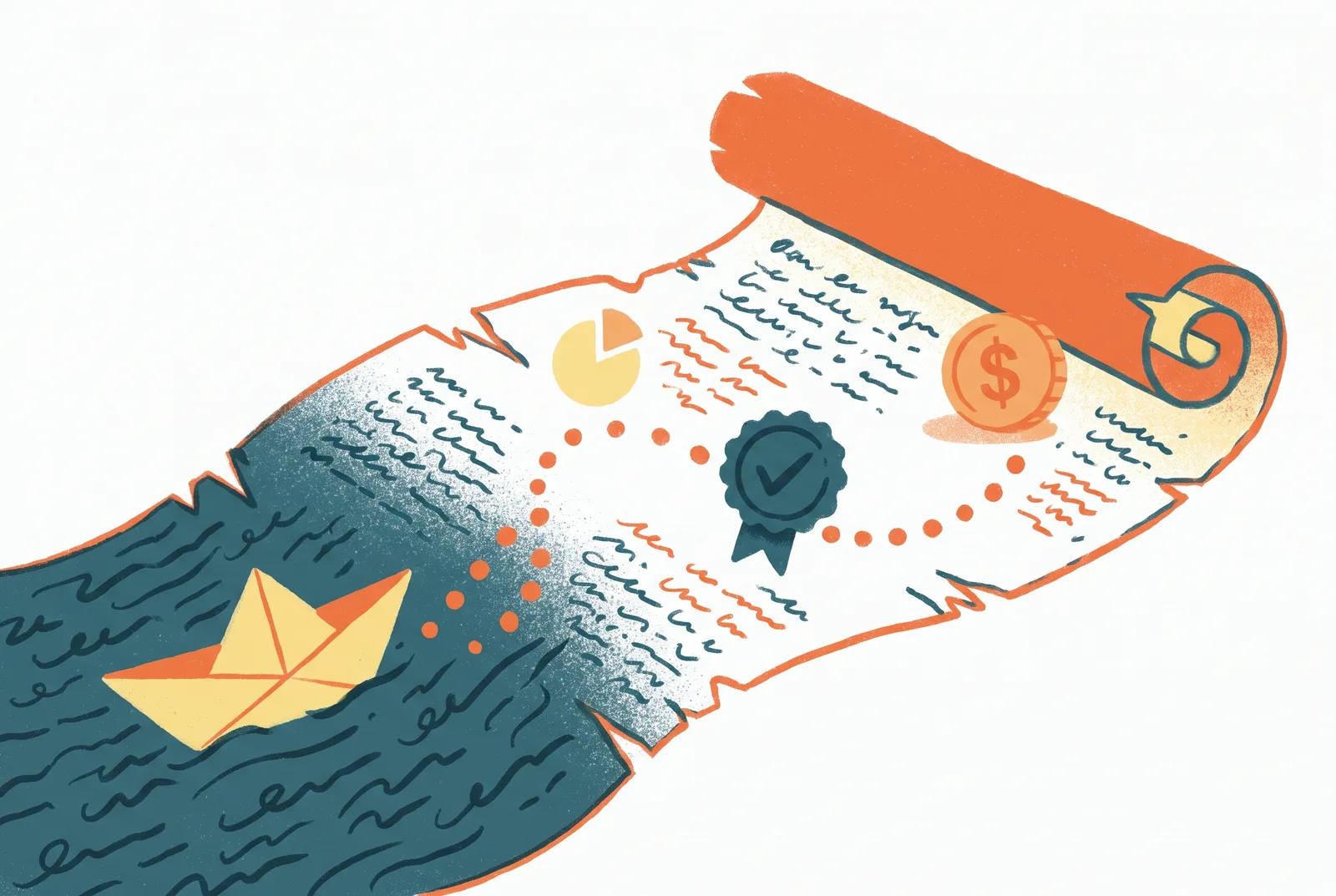 Illustration of an unrolled supplement label as a treasure map with a dotted trail linking a dose pie slice, seal medal and coin.