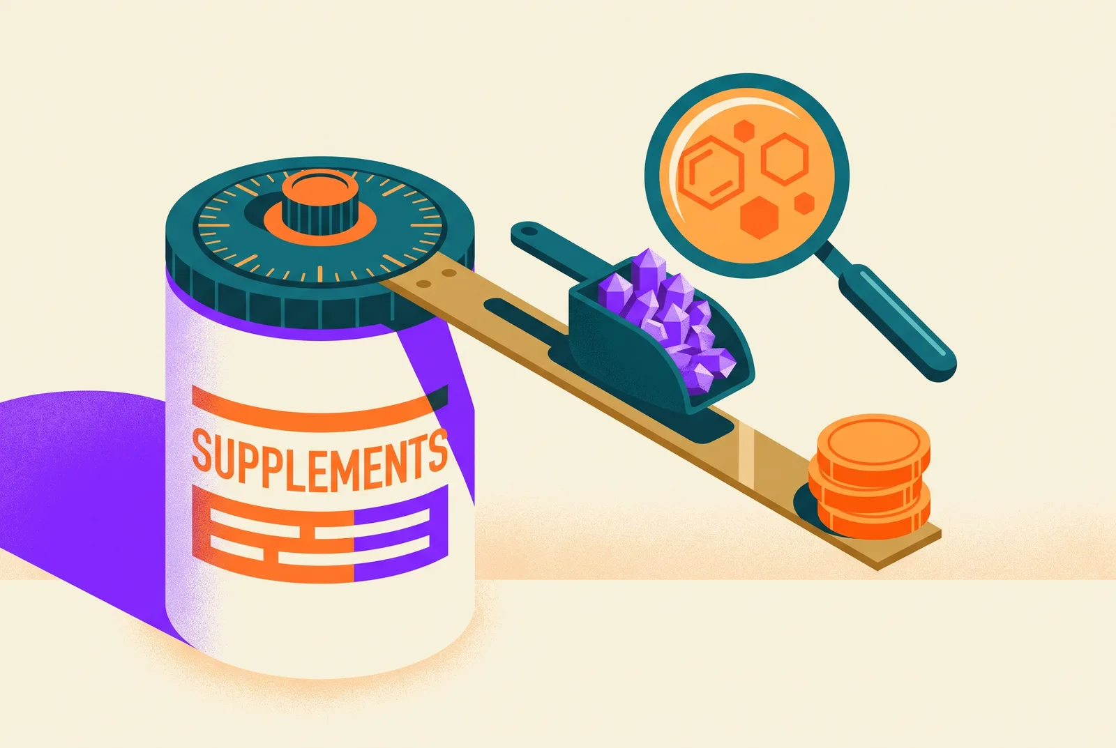 Illustration of a supplement tub with a vault-dial lid and a balance scale weighing a scoop of crystals against coins