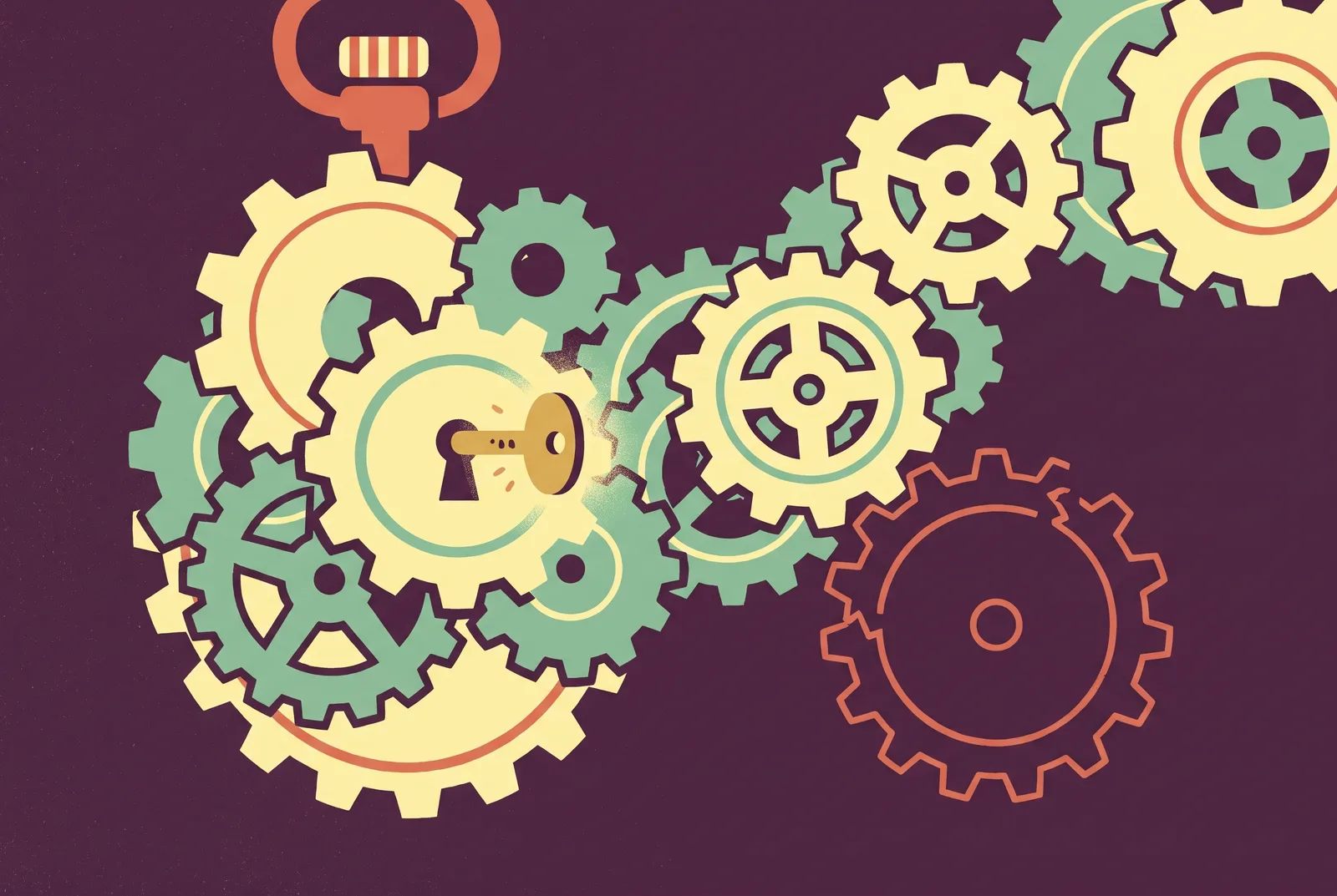 Illustrated clockwork of colorful enzyme gears driven by a small brass key in the center, with one stalled gear on the edge