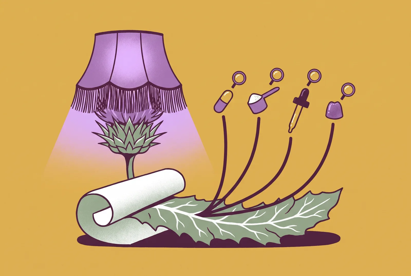Illustration of a purple milk thistle bloom shaped like a lampshade above a veined leaf, with four stems ending in supplement forms under magnifying lenses